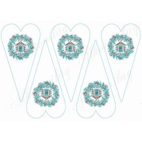   Karácsonyi mintás készlet kék-barna színekben - házikók koszorúkban hosszúkás szíveken