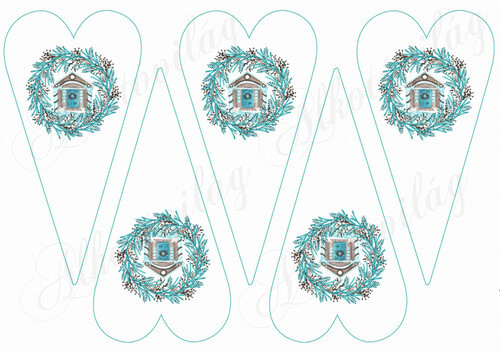 Karácsonyi mintás készlet kék-barna színekben - házikók koszorúkban hosszúkás szíveken