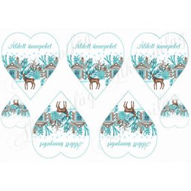   Karácsonyi mintás készlet kék-barna színekben - SZARVASOK HÁZIKÓKKAL SZÍVEKEN - felirattal
