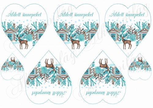 Karácsonyi mintás készlet kék-barna színekben - SZARVASOK HÁZIKÓKKAL SZÍVEKEN - felirattal
