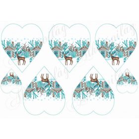   Karácsonyi mintás készlet kék-barna színekben - SZARVASOK HÁZIKÓKKAL SZÍVEKEN