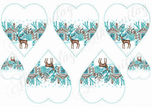 Karácsonyi mintás készlet kék-barna színekben - SZARVASOK HÁZIKÓKKAL SZÍVEKEN