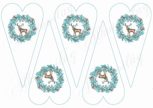 Karácsonyi mintás készlet kék-barna színekben - szarvasok koszorúkban hosszúkás szíveken