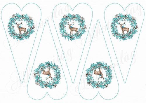 Karácsonyi mintás készlet kék-barna színekben - szarvasok koszorúkban hosszúkás szíveken