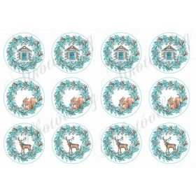   Karácsonyi mintás készlet kék-barna színekben - szarvasok, házikók, mókusok koszorúkban