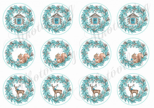 Karácsonyi mintás készlet kék-barna színekben - szarvasok, házikók, mókusok koszorúkban