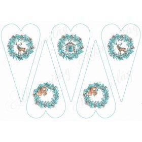   Karácsonyi mintás készlet kék-barna színekben - szarvasok, házikók, őzikék hosszúkás szíveken