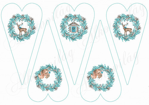 Karácsonyi mintás készlet kék-barna színekben - szarvasok, házikók, őzikék hosszúkás szíveken