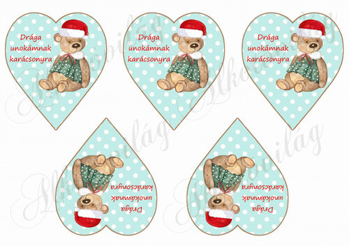 Pöttyös zöld szívek barna kerettel, macival - DRÁGA UNOKÁMNAK felirattal