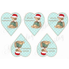   Pöttyös zöld szívek barna kerettel, mikulássapkás macival - BOLDOG KARÁCSONYT felirattal