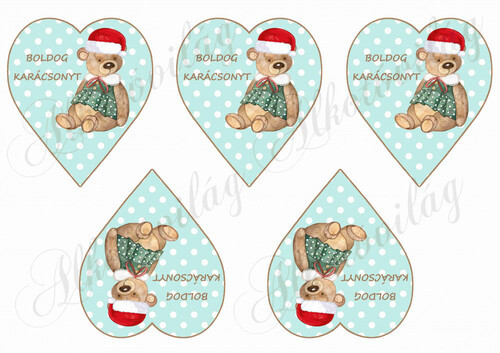 Pöttyös zöld szívek barna kerettel, mikulássapkás macival - BOLDOG KARÁCSONYT felirattal
