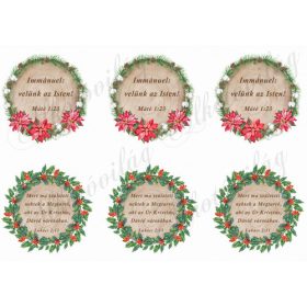   Immánuel, velünk az Isten + Bibliai idézet felirat fa korongon karácsonyi koszorúban