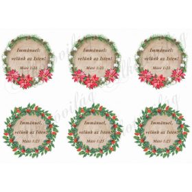   Immánuel, velünk az Isten felirat fa korongon karácsonyi koszorúban