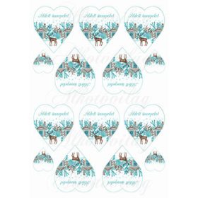   Karácsonyi mintás készlet kék-barna színekben - SZARVASOK HÁZIKÓKKAL SZÍVEKEN - felirattal KICSIBEN