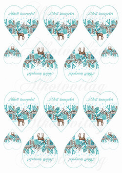 Karácsonyi mintás készlet kék-barna színekben - SZARVASOK HÁZIKÓKKAL SZÍVEKEN - felirattal KICSIBEN