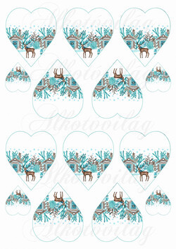 Karácsonyi mintás készlet kék-barna színekben - SZARVASOK HÁZIKÓKKAL SZÍVEKEN - KICSIBEN