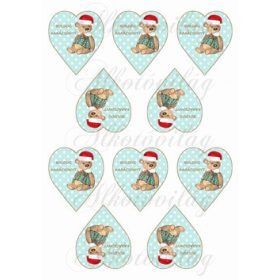   Pöttyös zöld szívek barna kerettel, mikulássapkás macival - BOLDOG KARÁCSONYT felirattal KICSIBEN