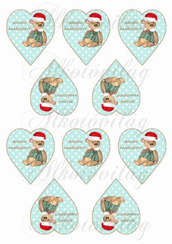 Pöttyös zöld szívek barna kerettel, mikulássapkás macival - BOLDOG KARÁCSONYT felirattal KICSIBEN