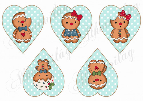 Tüneményes mézeskalács babák zöld pöttyös szívekben