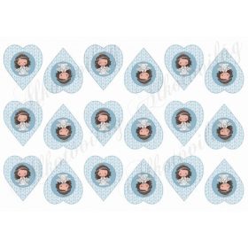   Kislány angyalkák kék kötött szívekben MINIBEN - 5 cm magas