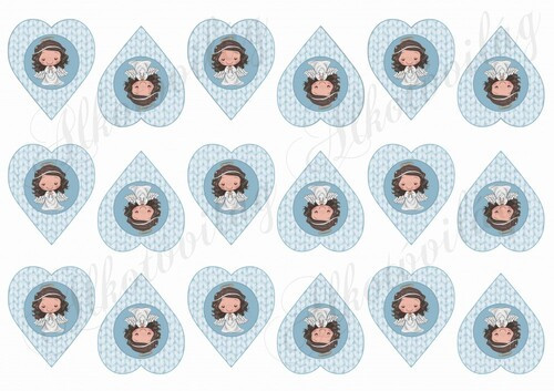 Kislány angyalkák kék kötött szívekben MINIBEN - 5 cm magas