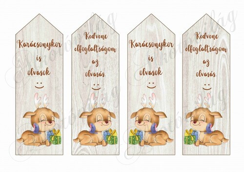 Könyvjelzők fa alapon cuki karácsonyi szarvasokkal, kismadárral, csomaggal - FELIRATOKKAL