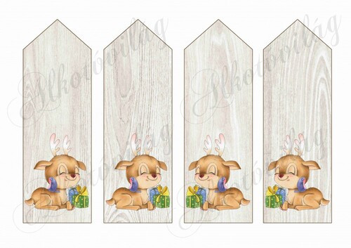 Könyvjelzők fa alapon cuki karácsonyi szarvasokkal, kismadárral, csomaggal