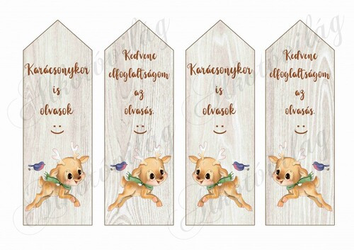 Könyvjelzők fa alapon cuki karácsonyi ugró szarvasokkal, kismadárral - FELIRATOKKAL