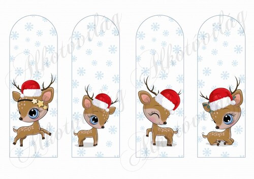 Könyvjelzők hópelyhekkel cuki mikulássapkás szarvasokkal