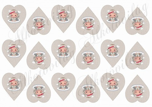 Szépséges angyalkák mikulásvirágokkal szövet textúrájú szívekben MINIBEN - 5 cm magas