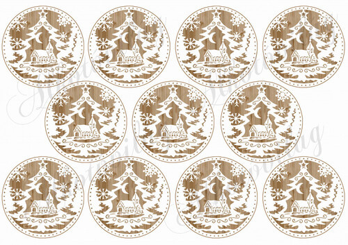 Fenyőfa-ház sziluettek fa erezetes alapon 7 cm