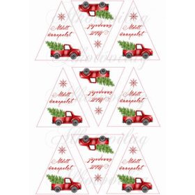   Karácsonyi autók ÁLDOTT ÜNNEPEKET felirattal háromszög alapon fenyődíszhez