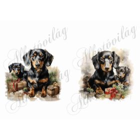   Tacskó kutyusok kölyökkel, karácsonyi díszekkel- kb. 12 cm