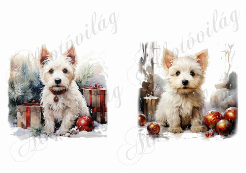 Westie kutyusok karácsonyi díszekkel 3- kb. 12x11 cm