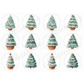 Fenyőfák piros bogyókkal 6 cm-es körökben