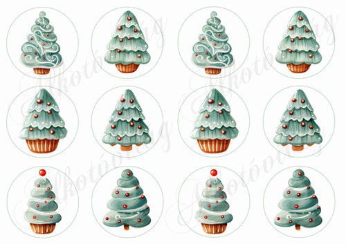 Fenyőfák piros bogyókkal 6 cm-es körökben