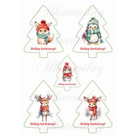 Fenyőfák cuki téli állatkákkal 11 cm magas