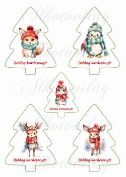 Fenyőfák cuki téli állatkákkal 11 cm magas