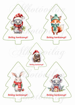 Fenyőfák cuki téli állatkákkal 2. változat - 11 cm magas