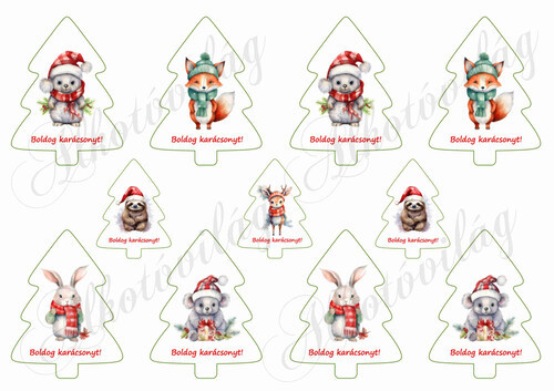 Fenyőfák cuki téli állatkákkal 2. változat - 8 és 5,5 cm magas