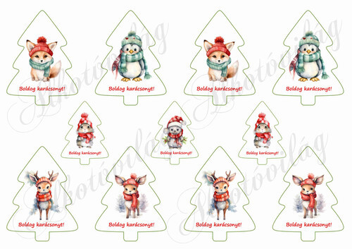 Fenyőfák cuki téli állatkákkal 8 és 5,5 cm magas