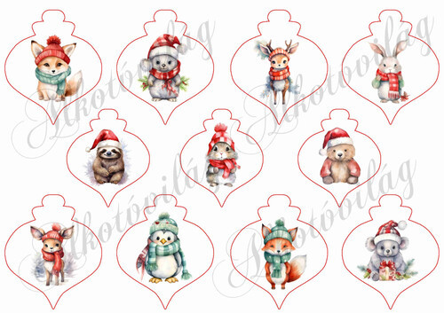 Karácsonyi ovális díszek cuki téli állatkákkal 6,5 és 5,5 cm szélesek