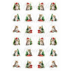   Tüneményes kiscicák mikulássapkában karácsonyi díszekkel 4 cm-es körökben