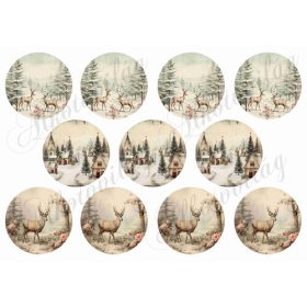   Vintage karácsonyi körök szarvasokkal, téli tájjal- 6,5 cm