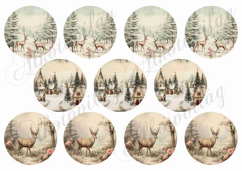 Vintage karácsonyi körök szarvasokkal, téli tájjal- 6,5 cm