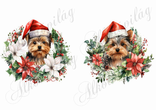 Yorkie kutyusok karácsonyi koszorúkkal