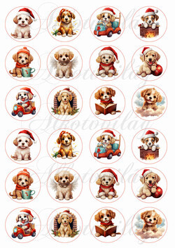 Aranyos kiskutyák mikulássapkában 4 cm körökben