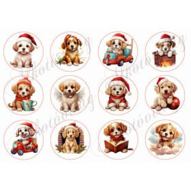 Aranyos kiskutyák mikulássapkában 6 cm körökben