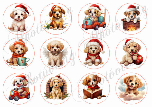 Aranyos kiskutyák mikulássapkában 6 cm körökben