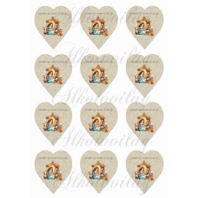   Betlehemes jelenet csendes éj felirattal kraft papír szíveken - 6,5 cm